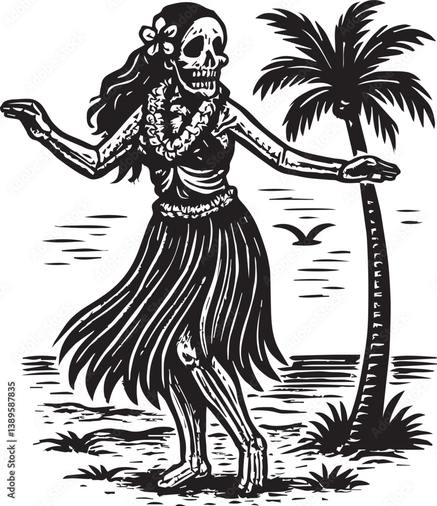 Fototapeta premium Hawaiian woman skull dancing on the beach vector illustration