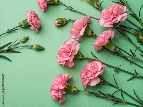 Elegant pink carnations arranged on a vibrant green background, offering ample copy space.
