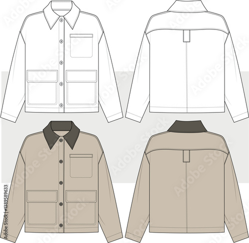 Unisex utility Cargo Jacket, workers jacket fashion technical drawing illustration, vector. front and back view, men women jacket. cad, mockup. Mens Chore Coat Worker Jacket.
