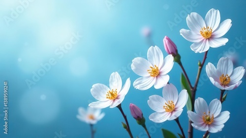 Delicate Spring Blossoms on a Soft Blue Background, a Symbol of Renewal and Tranquility