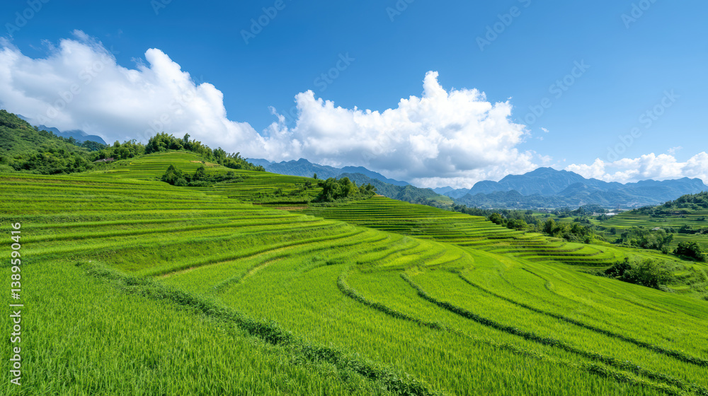 Lush green terraced landscapes showcase vibrant rice fields under bright blue sky Lush green terraced landscapes showcase vibrant rice fields under bright blue sky