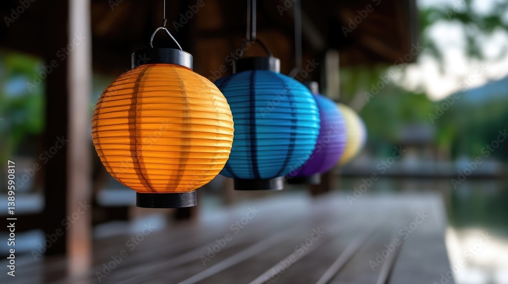 Fototapeta premium Colorful paper lanterns hanging from a wooden gazebo