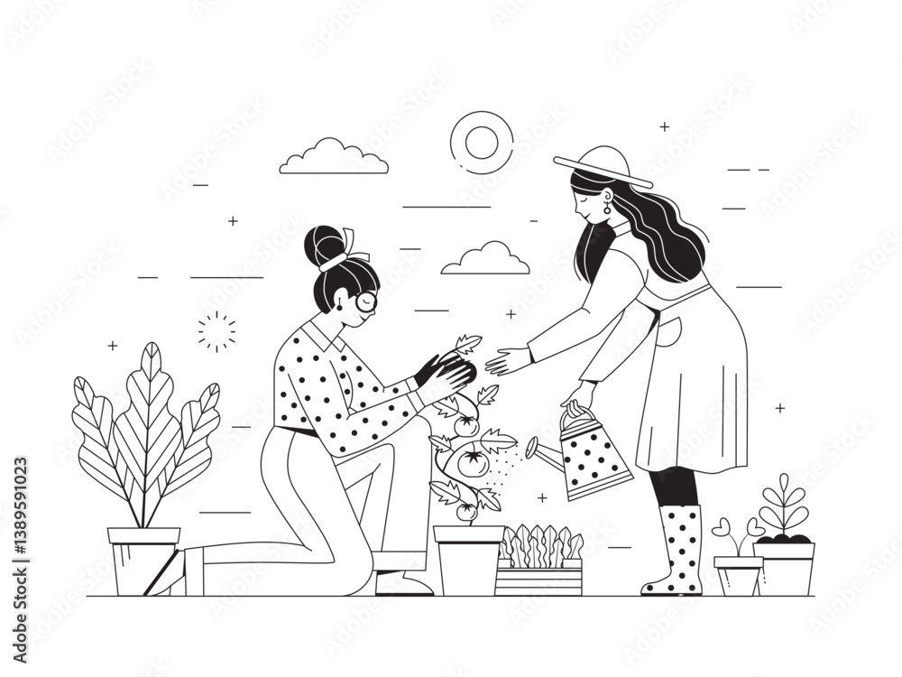 Gardening Scene with Woman Couple at Garden
