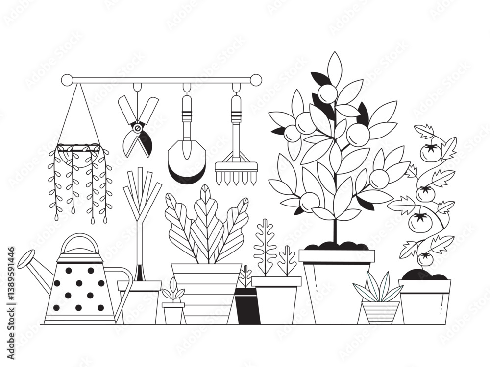Gardening Scene with Plants and Gardening Tools