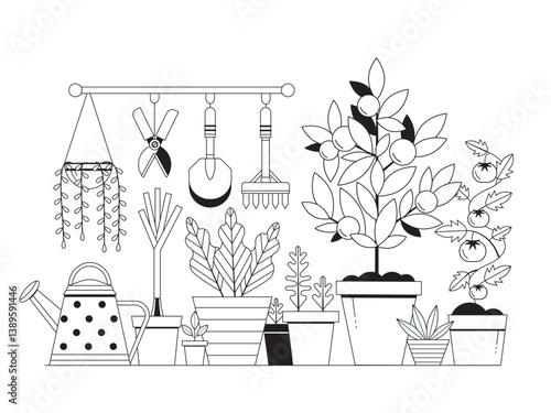 Obraz na płótnie Gardening Scene with Plants and Gardening Tools w salonie