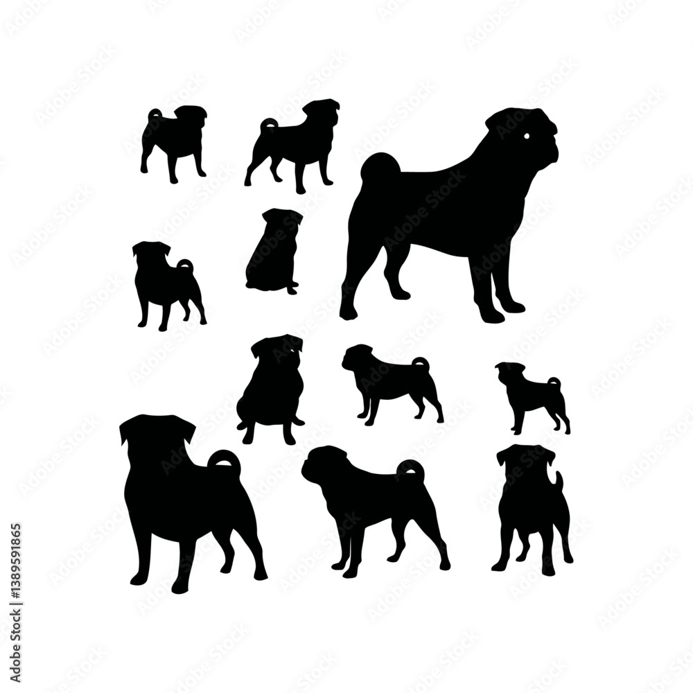 Naklejka premium A black and white vector silhouette of a bulldog puppy with floppy ears and a playful stance on a white background