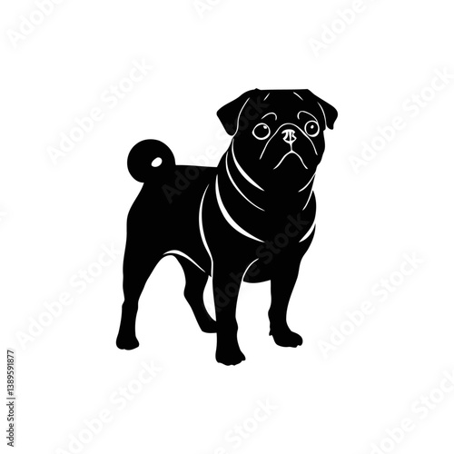 A black and white vector silhouette of a bulldog puppy lying on its back with paws up in a relaxed pose on a white background