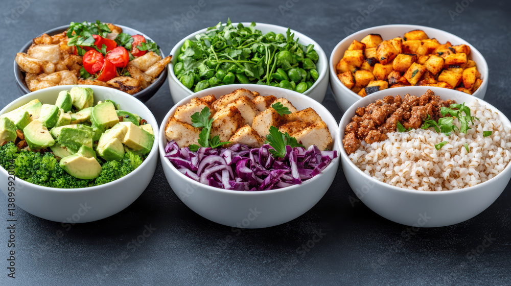 Healthy meal prep bowls with colorful vegetables, grains, and protein options Healthy meal prep bowls with colorful vegetables, grains, and protein options