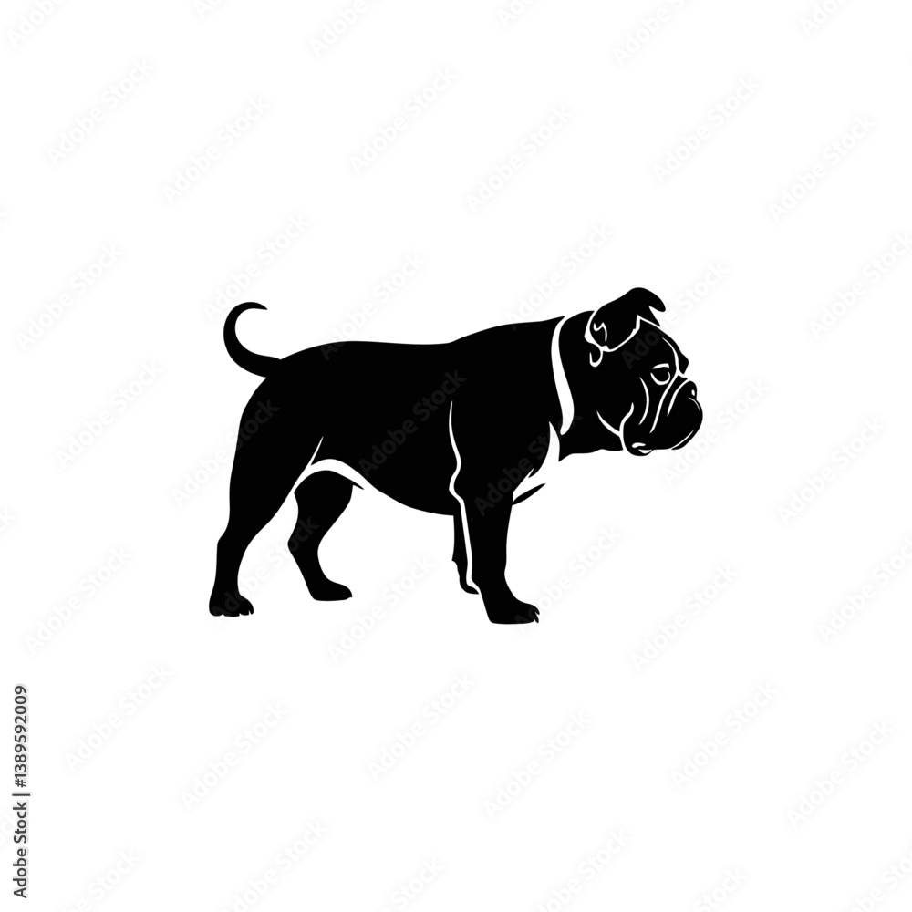 Obraz premium A black and white vector silhouette of a bulldog puppy sitting with a curious expression on a white background