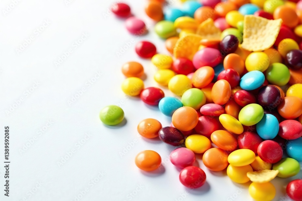 Pile of colorful candy, chips, and soda on white , photography, unhealthy