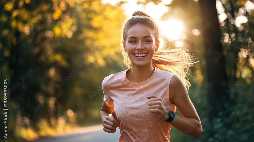 A smiling woman running on a path surrounded by trees with sunlight shining through the leaves