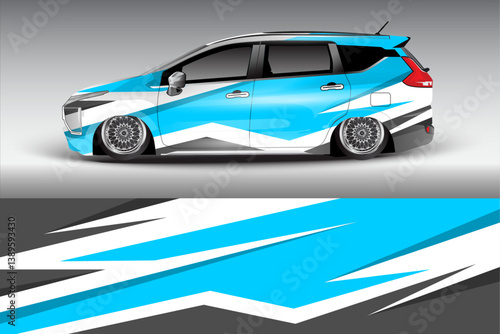 A sleek blue and white modified car parked against a gradient background, showcasing its stylish design