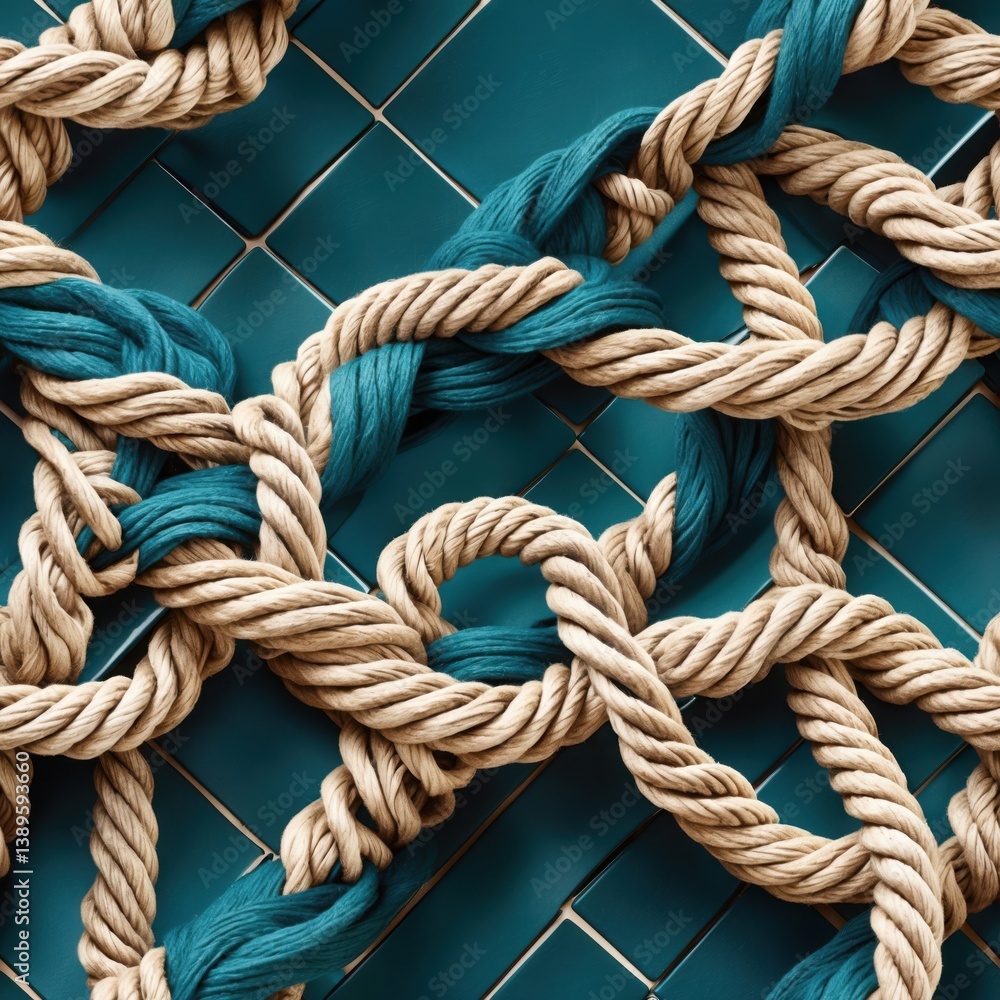 Repeating pattern background. Brown and blue ropes overlap. Squares form repeating backdrop. Fabric threads create design. Repeating pattern background. Brown and blue ropes overlap. Squares form repeating backdrop. Fabric threads create design.