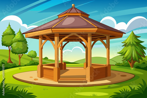 vector of Wooden gazebo on the green floor