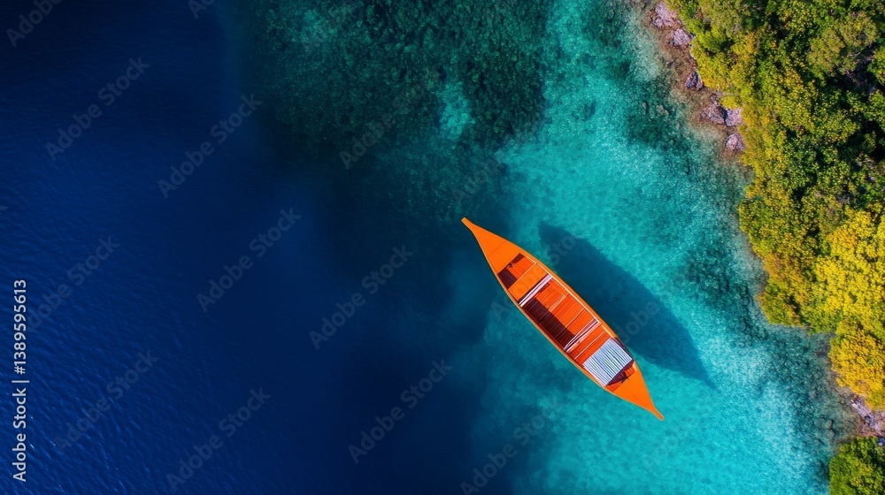 Aerial view of a vibrant orange boat gliding over crystal clear turquoise waters near lush greenery Aerial view of a vibrant orange boat gliding over crystal clear turquoise waters near lush greenery