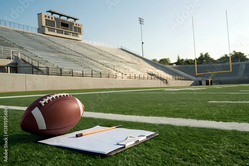 American football and coach clipboard on turf field with goal post and empty stadium bleachers in background, sports training preparation concept