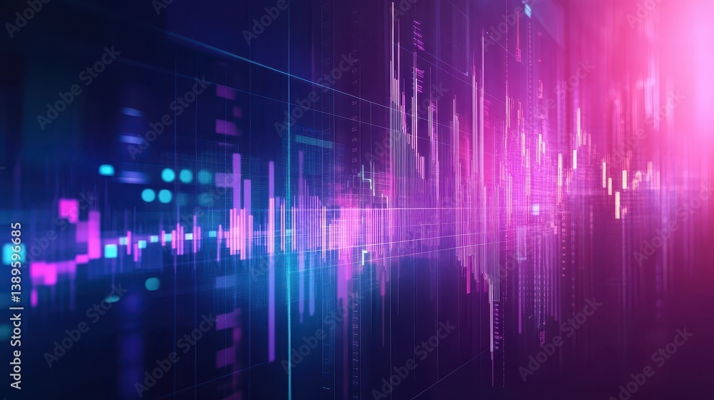 Fototapeta premium Abstract Pink and Blue Soundwave Visualization with Dynamic Frequency Spectrum and Geometric Data Structure for Audio Engineering