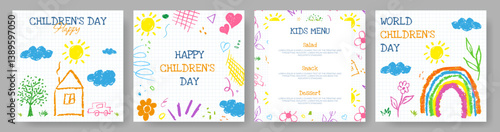 Children's Day Background with Doodle Kids Drawing. World Kids Day Cards with Hand Drawn Illustration. Cute Happy Childhood Concept Design. Funny Hand Drawn Children's Poster with Sun, Cloud, Rainbow.