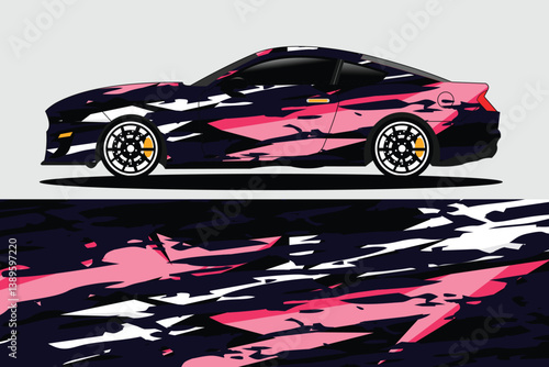 A sleek, modern sports car with an abstract design is showcased against a minimalist gray backdrop
