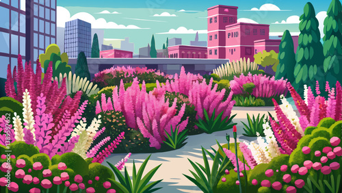 Pink flowering winter heath (Erica carnea) in an urban garden