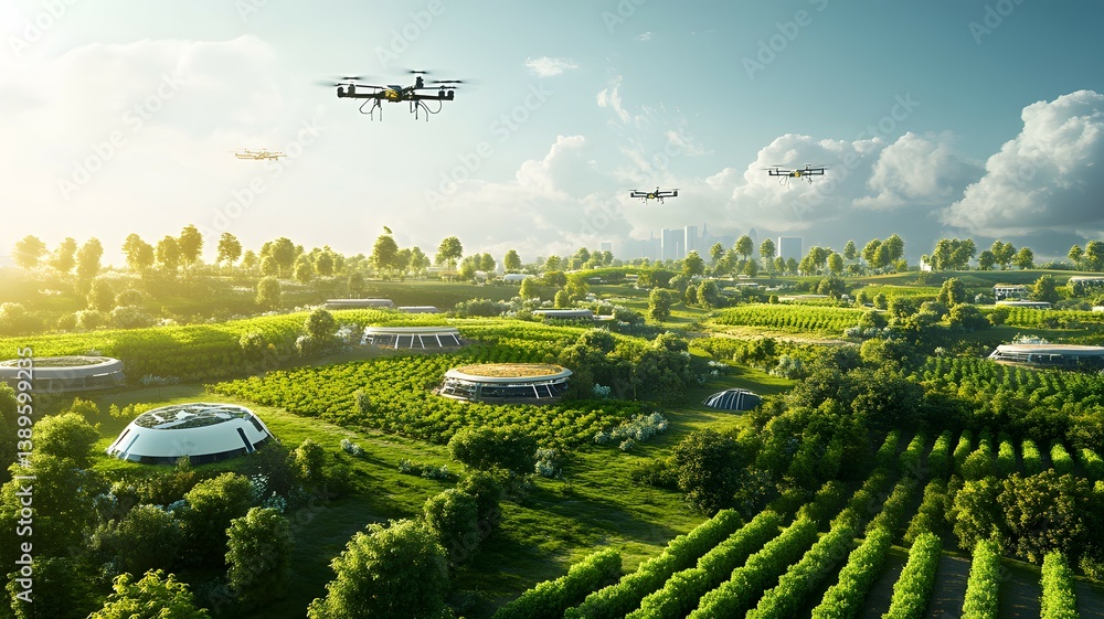 Fototapeta premium A large eco-farm managed by drones and AI systems robotic harvesters, satellite-controlled irrigation, crop health monitoring through AR glasses vibrant green colors, mix of nature and technology.