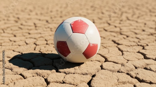 Soccer ball resting on cracked dry ground, symbolizing drought's