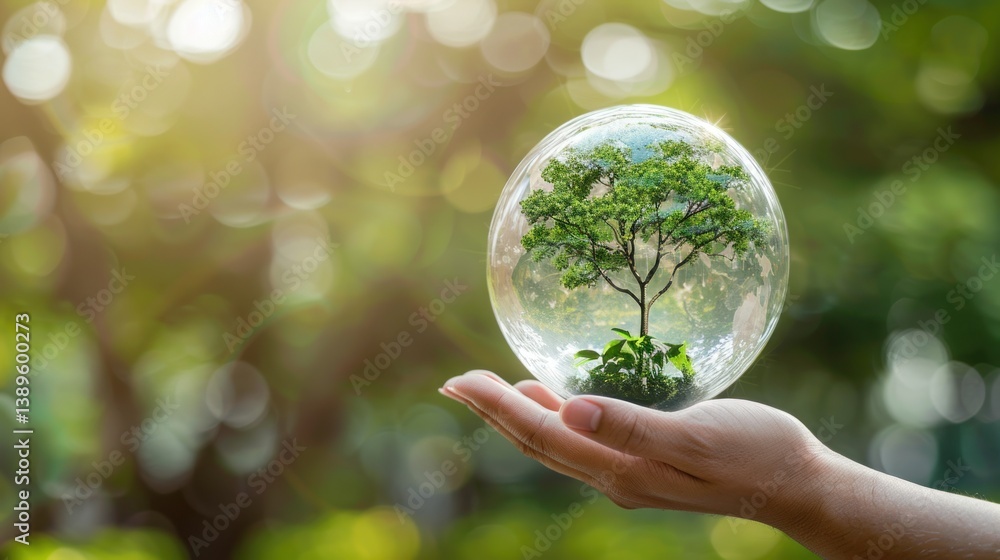 Human hand holding transparent glass globe with growing tree on nature green blur background. Human hand holding transparent glass globe with growing tree on nature green blur background.