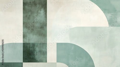 Abstract geometric art with muted greens and creams.