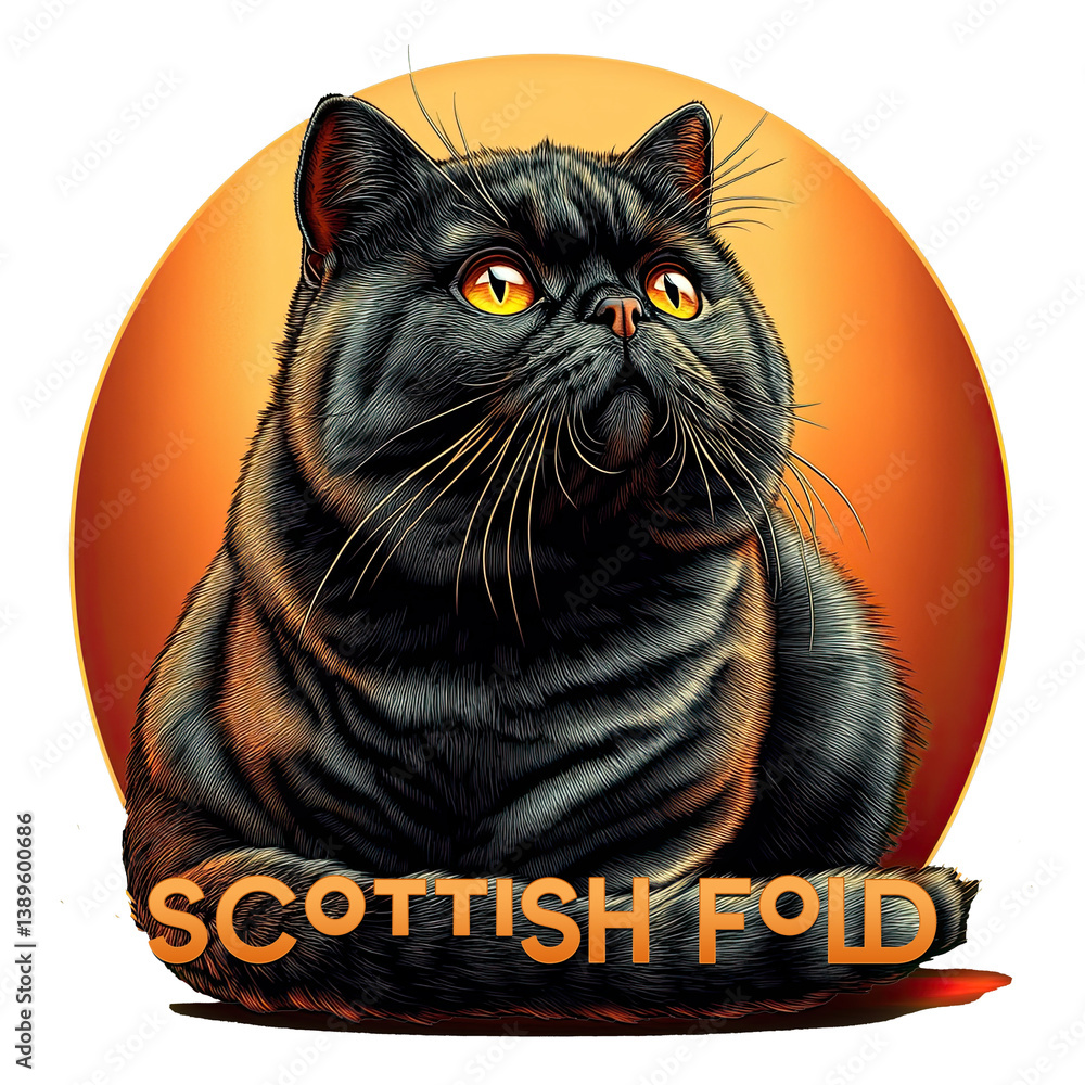 a Scottish Fold cat with a textured, dark fur pattern. The background features a gradient of orange hues, creating a warm and vibrant atmosphere. The text