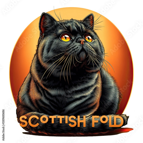 a Scottish Fold cat with a textured, dark fur pattern. The background features a gradient of orange hues, creating a warm and vibrant atmosphere. The text 