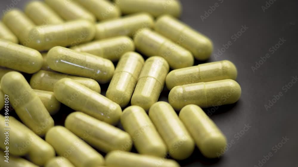 Immune support quercetin capsules with bromelain extract in a ceramic bowl. Supplement pills. Macro. Rotation