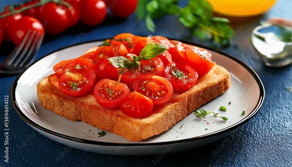 Delicious toast topped with fresh tomatoes served on a plate. Healthy vegetarian breakfast or snack Delicious toast topped with fresh tomatoes served on a plate. Healthy vegetarian breakfast or snack