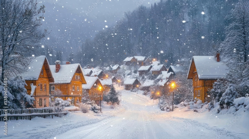 Naklejka premium Snowy village street at night