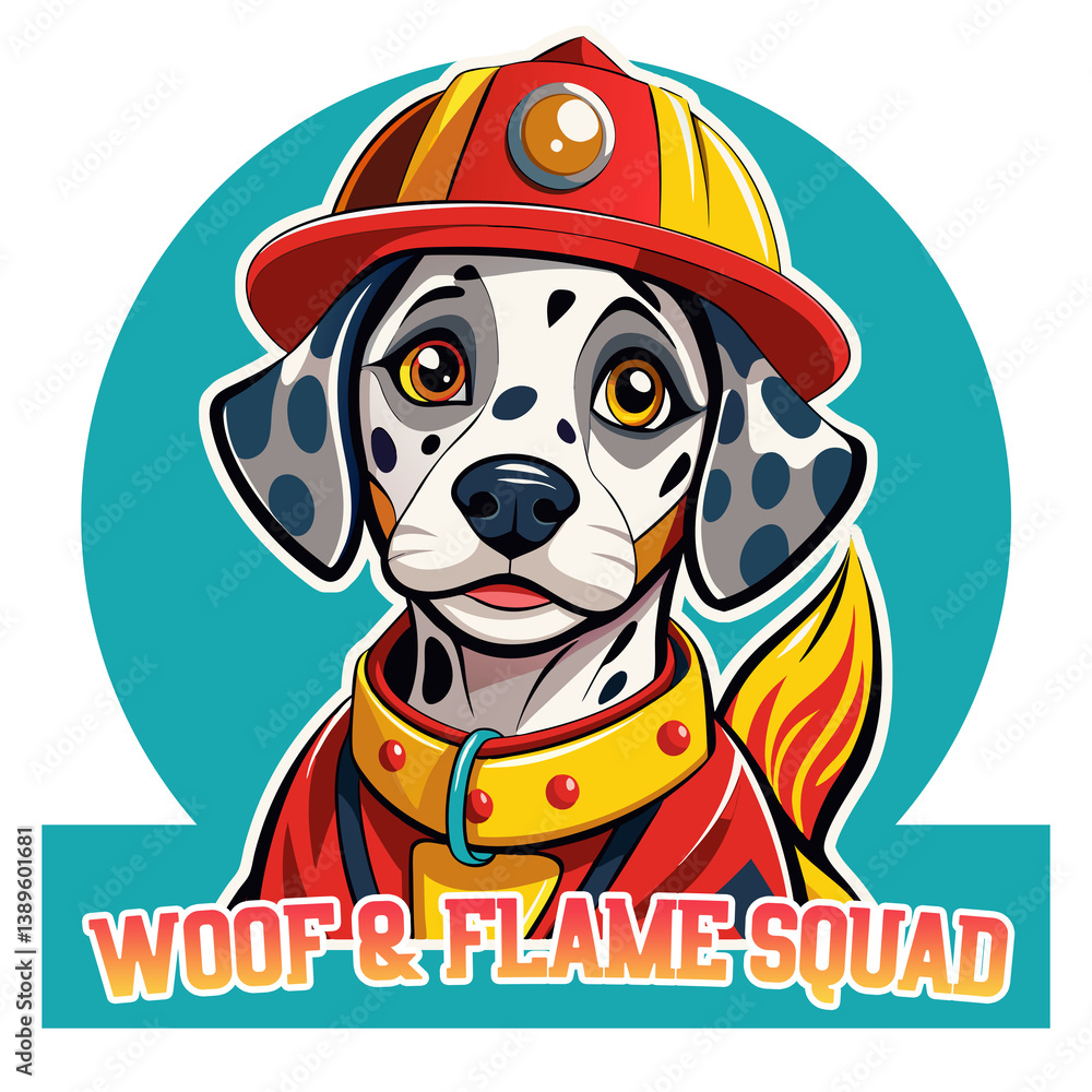 a Dalmatian dog wearing a firefighter's helmet and jacket, with a flame on its tail. Below the dog, the text
