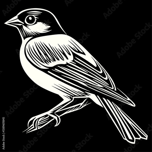 Detailed Perching Bird Line Drawing Vector with White Background
