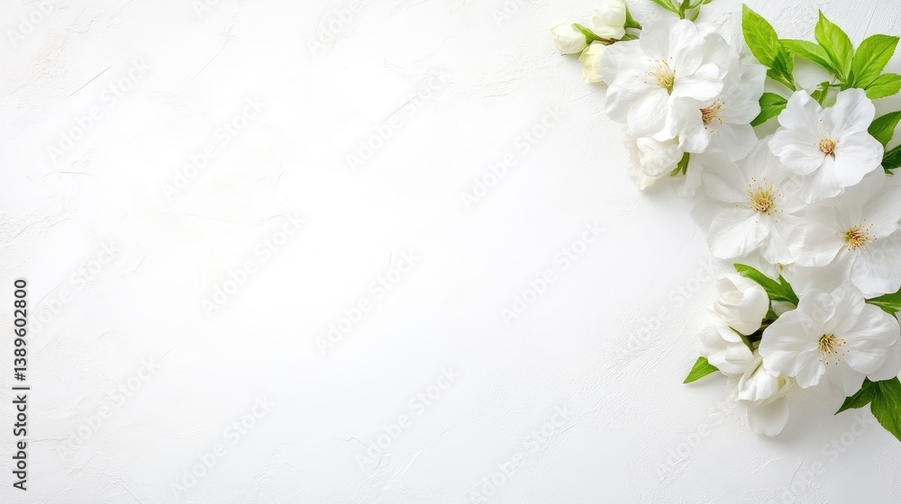Delicate white blossoms arranged in a corner on a textured white background Delicate white blossoms arranged in a corner on a textured white background