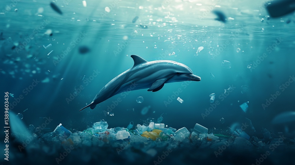 Fototapeta premium A dolphin swimming in an ocean filled with plastic waste and debris under sunlight rays shining through