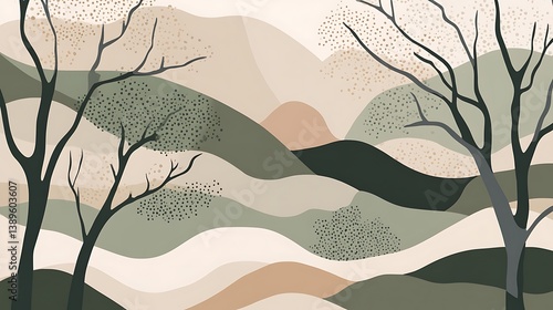 Abstract landscape with minimalist trees and rolling hills in muted earth tones.