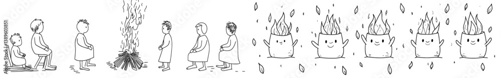 A hand-drawn campfire outline is needed for a camp set, to doodle a fire for camping and outdoor recreation A hand-drawn campfire outline is needed for a camp set, to doodle a fire for camping and outdoor recreation