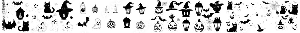 Halloween-themed stickers featuring pumpkins, along with other holiday elements, including a ghost, lantern, candle, and black cat, in a modern illustration style