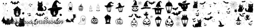 Obraz na płótnie Halloween-themed stickers featuring pumpkins, along with other holiday elements, including a ghost, lantern, candle, and black cat, in a modern illustration style w salonie
