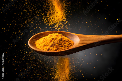 Turmeric Powder in Wooden Spoon on Dark Background