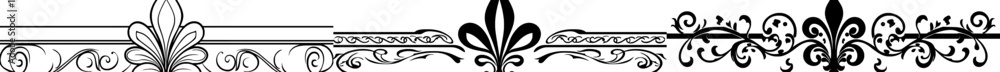 A calligraphic filigree motif with heraldic crest and floral pattern serves as a horizontal divider in a vintage design A calligraphic filigree motif with heraldic crest and floral pattern serves as a horizontal divider in a vintage design