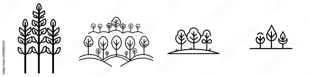 Collection of minimalist line icons representing trees and plants in various designs suitable for nature-themed projects Collection of minimalist line icons representing trees and plants in various designs suitable for nature-themed projects