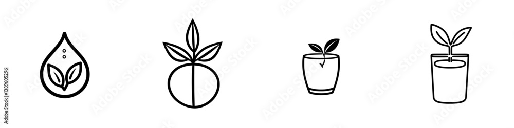 Minimalist line icons representing nature, plants, water droplets, and growth for design projects and applications Minimalist line icons representing nature, plants, water droplets, and growth for design projects and applications