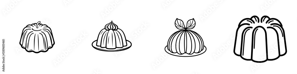 Set of minimalist line icons depicting various desserts on plates and in different shapes, perfect for food-related graphics or branding