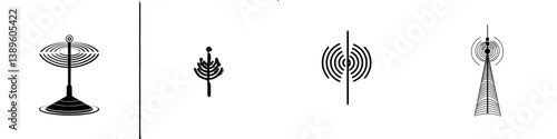 Vector minimalist line icons representing communication, technology, and signal transmission concepts for design projects