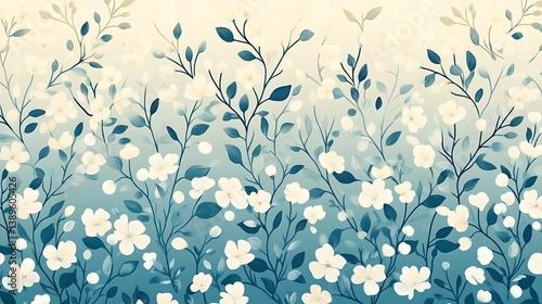 Delicate white blossoms on teal branches, ombre background.