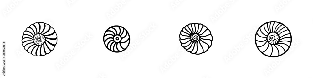 Collection of minimalist line icons featuring various spiral shell designs showcasing a modern artistic approach to natural forms Collection of minimalist line icons featuring various spiral shell designs showcasing a modern artistic approach to natural forms