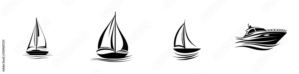 Set of vector minimalist line icons depicting various sailboats and yachts for nautical design projects Set of vector minimalist line icons depicting various sailboats and yachts for nautical design projects